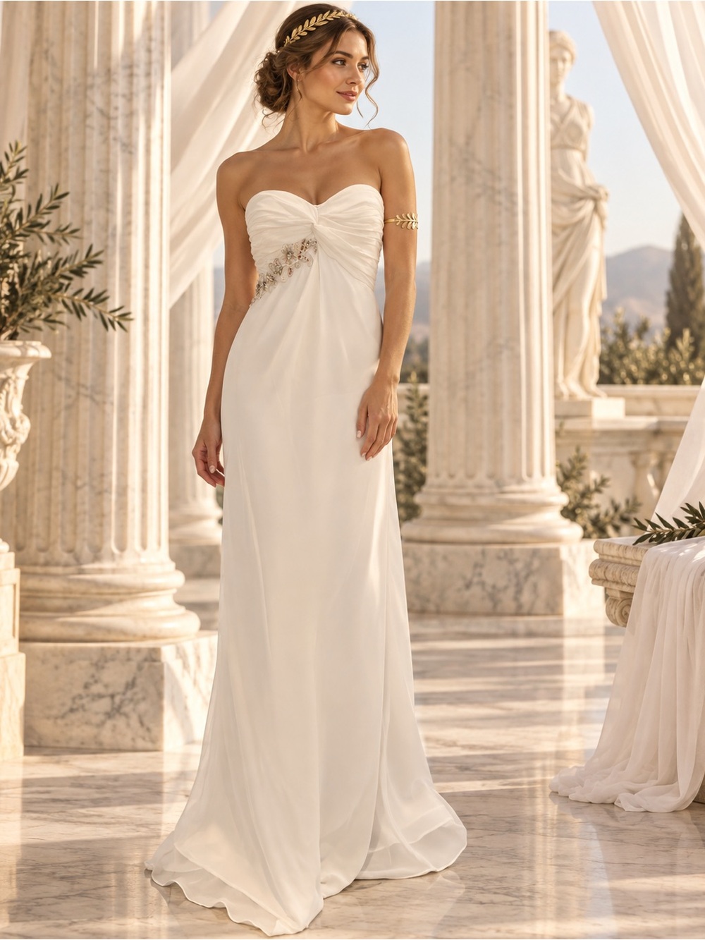 Ivory Strapless Chiffon Evening Dress with Sweetheart Bodice